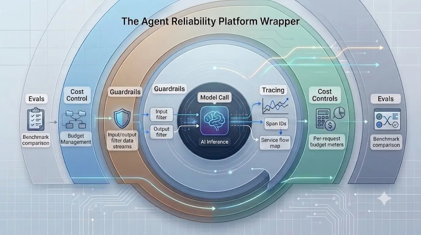 Agent Reliability Platform: every model call wrapped by guardrails, tracing, cost controls, and evals